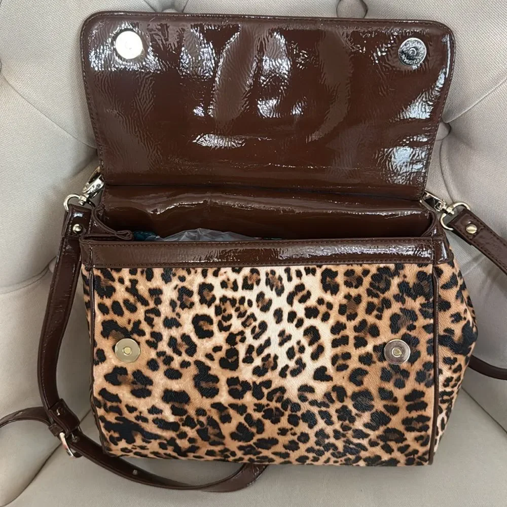 Sharif Leopard Print Satchel with Rose Gold Sequined Flap and Brown Trim